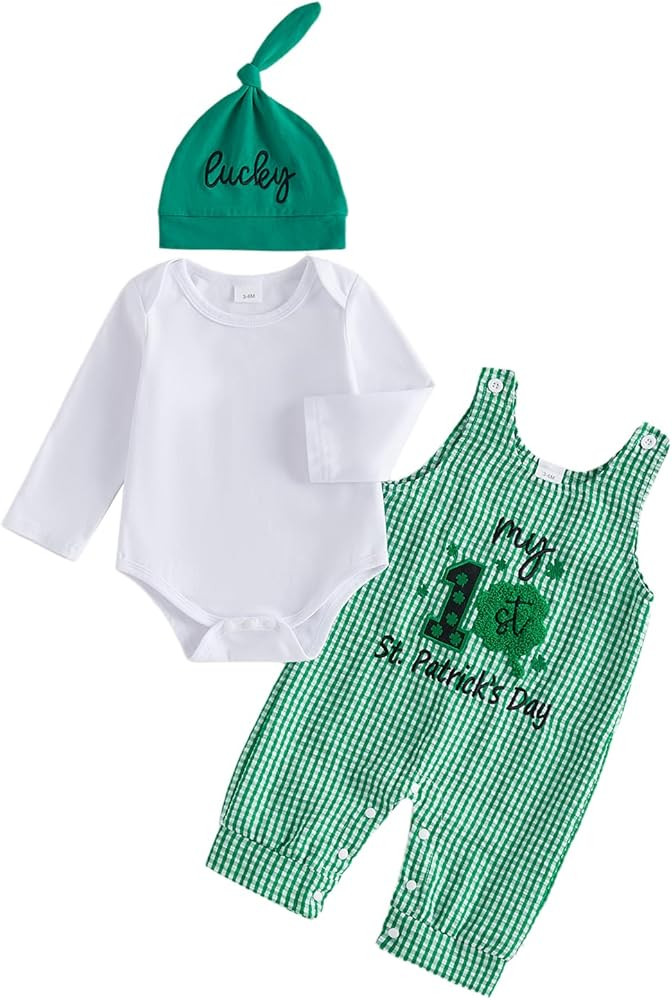 BeQeuewll Baby Boy St Patricks Day Outfit Newborn Romper+Plaid Shamrock Overalls+Hat 3Pcs Babys F... | Amazon (US)