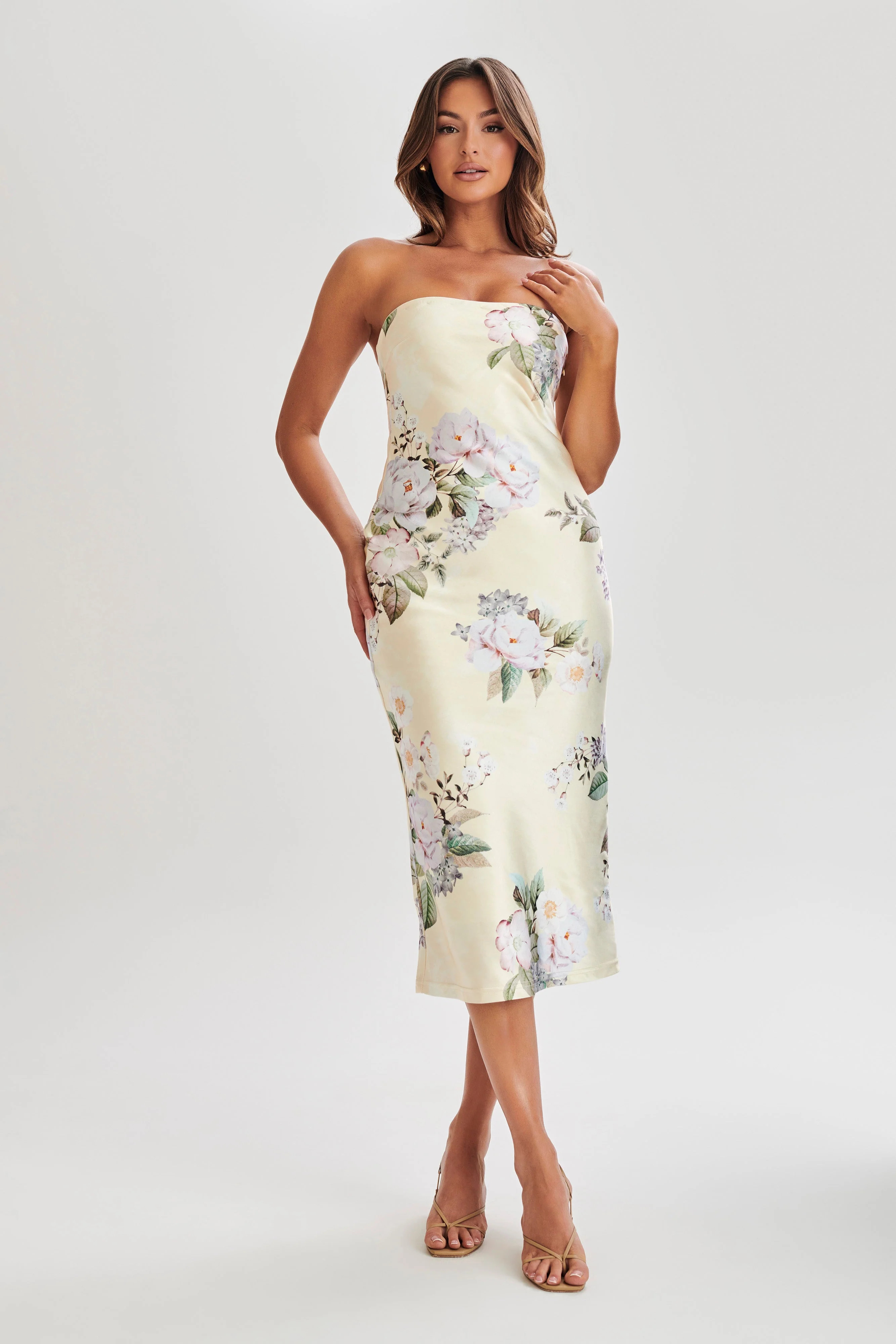 Tyler Strapless Satin Midi Dress - Lemon Floral Print | MESHKI US
