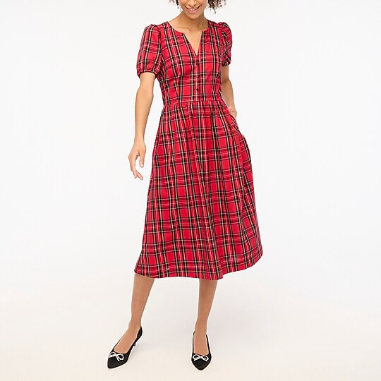 Tartan puff-sleeve cotton poplin dress | J.Crew Factory