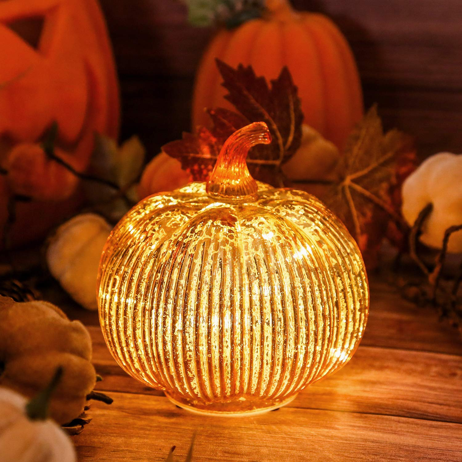 Mercury Glass Light up Pumpkin with Timer- Fall Decoration for Home-Lamps for Festive Decoration-... | Amazon (US)