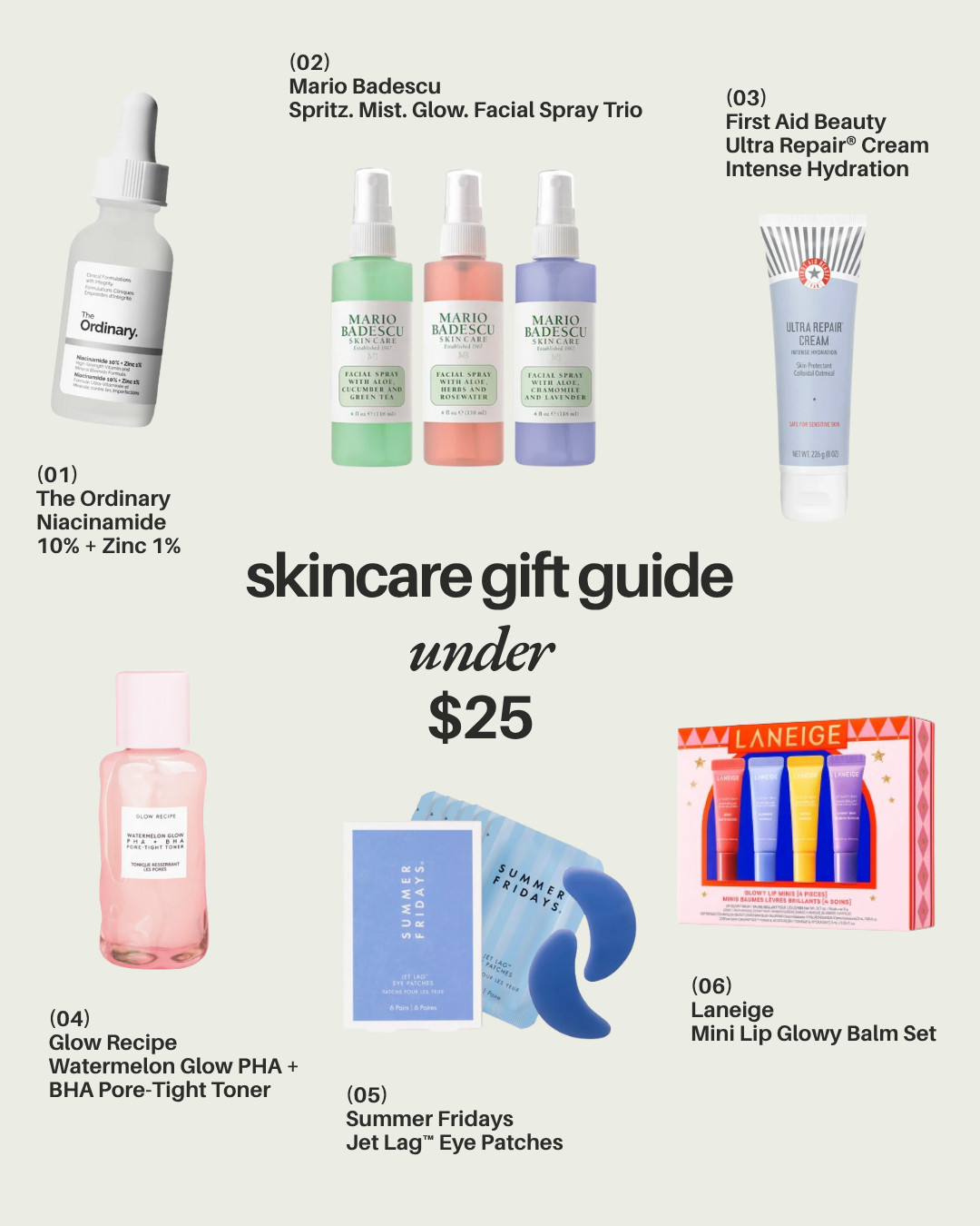 Skincare Gift Guide under $25! These would be great stocking stuffers for the skincare lovers in your life.  

#skincare #sephora #mariobadescu #theordinary #firstaidbeauty #laneige #ltkfinds #ltkseasonal #summerfridays #christmas #blackfriday #holidayaesthetic 
 

#LTKHoliday #LTKGiftGuide #LTKCyberWeek