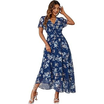 Simplee Women's Boho Floral Maxi Dress Flowy Casual V Neck Short Sleeve Wedding Guest Holiday Bea... | Amazon (US)