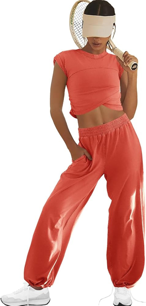 LAMISSCHE Womens Loungewear Set 2 Piece Outfits Sets Cropped Tops and Wide Leg Pants with Pockets... | Amazon (US)