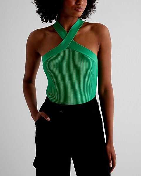 Ribbed Criss Cross Halter Sweater Tank | Express