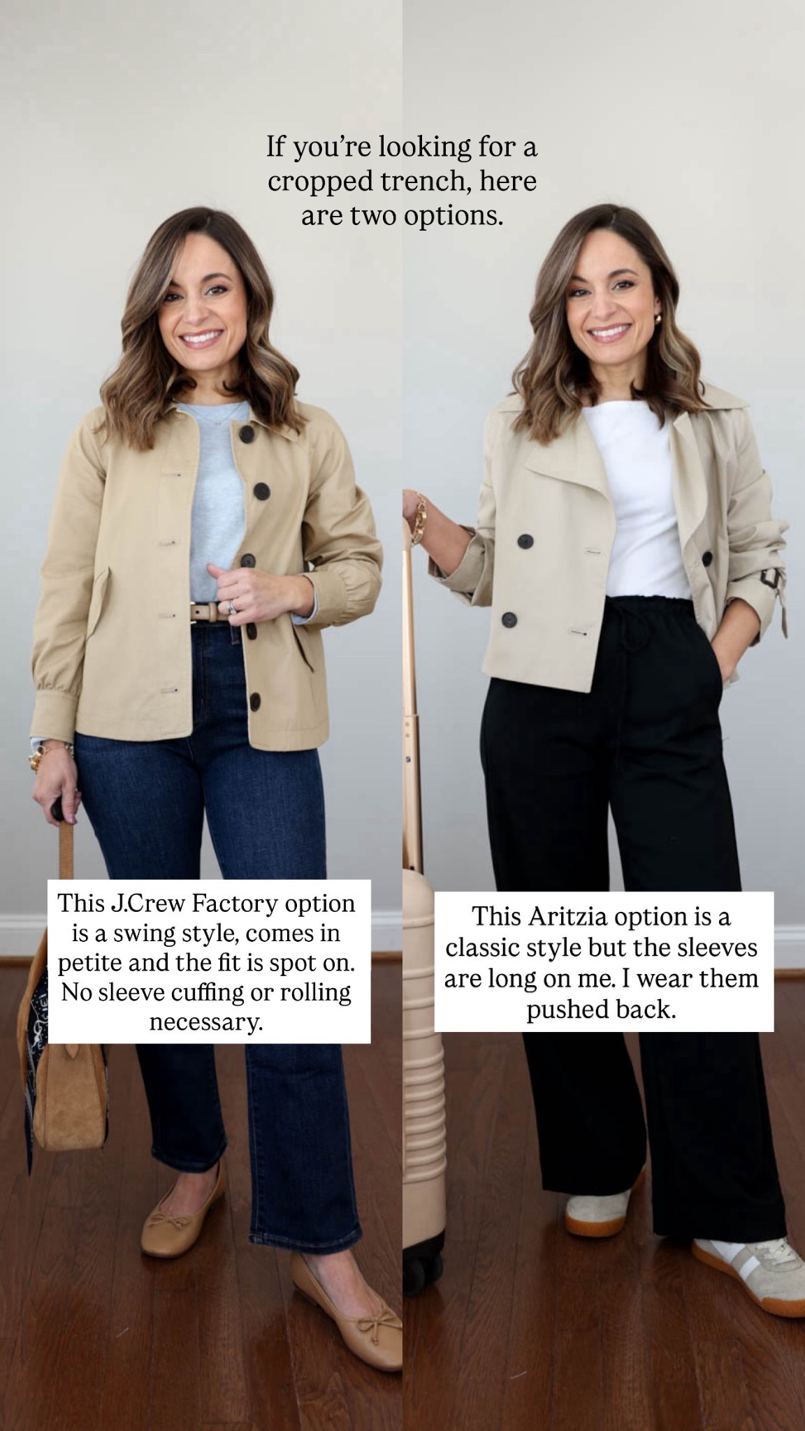 Two cropped trench coat options for petites! 

JCF coat: petite xxs - tts, sleeves are a perfect length 
Aritzia coat: xxs - sleeves are long, I wear them pushed back but I love the classic style of this one. 

Light blue sweater: xxs 
Jeans: 24 x 26” 
Flats: tts 
Black pants: xs short 
White tank top: xs 
Sneakers: tts 

My measurements for reference: I’m 4’10” and 105lbs. My bust, waist, and hip measurement is 32”, 24”, and 36”.

#LTKPetite