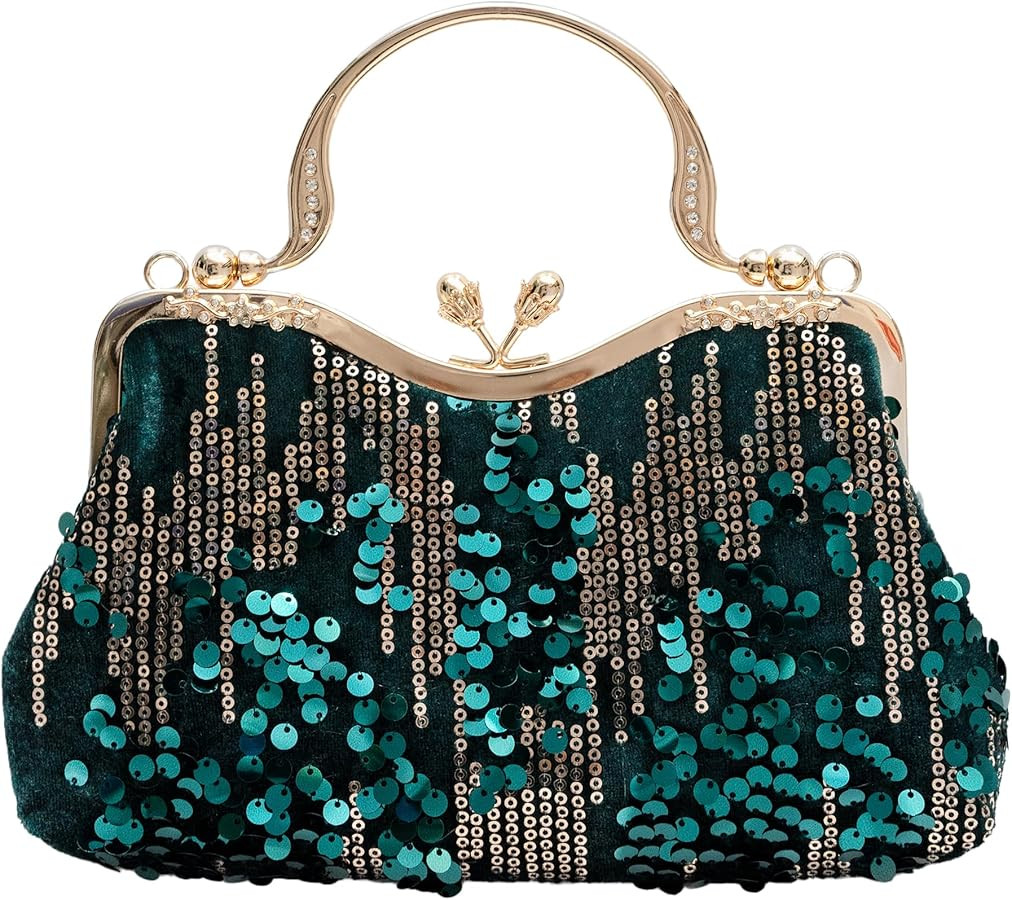Vintage sequined velvet evening bag flower hardware handbag suitable for banquet wedding party fo... | Amazon (US)