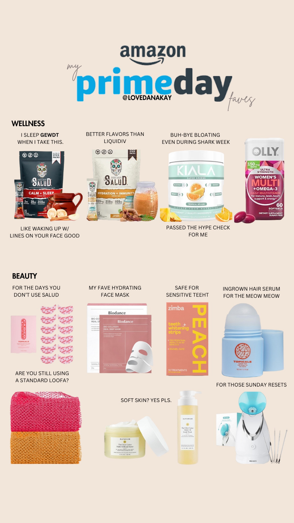 Amazon Prime Day. Best Prime Day Finds. Amazon. Amazon wellness finds. Amazon beauty finds. Must have Amazon beauty finds. Best prime day deals. Hydration. Topicals. African net sponge. Kiala greens. Salud hydration. Salud calm and sleep. Biodance. Face steamer. Naturim glow getter. Glow getter body wash. Glow getter. Naturim. Olly vitamins. Whitening strips. 

#LTKSaleAlert #LTKBeauty #LTKFindsUnder100