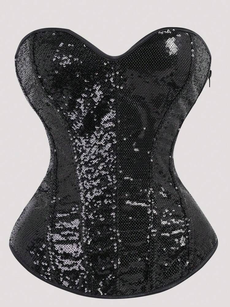 Corset, Women's Corset, Black Sequin Dress, Side Zipper Design, Suitable For Festivals, Dates, Halloween Parties, Masquerade Balls, Women's Body Shaping Tops | SHEIN