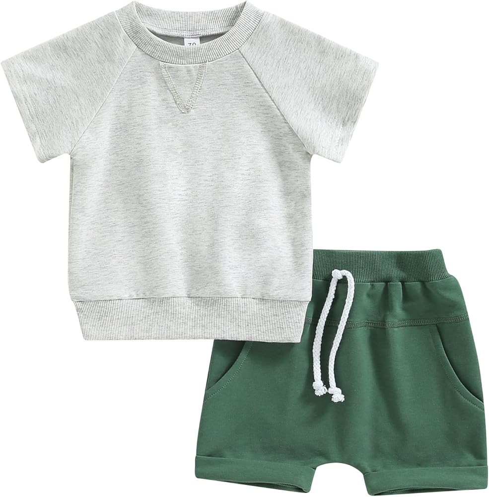 Toddler Baby Boys Summer Clothes Set Short Sleeve Round Neck Solid Color T-Shirt Tops Drawstring Sho | Amazon (US)