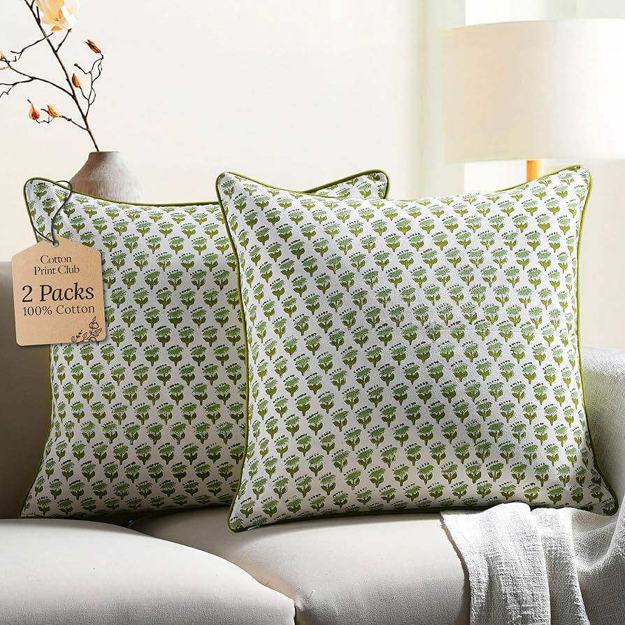 CPC 100% Cotton Throw Pillow Covers 20x20 Inch, Set of 2 Green Block Print Pattern Couch Pillow, ... | Amazon (US)