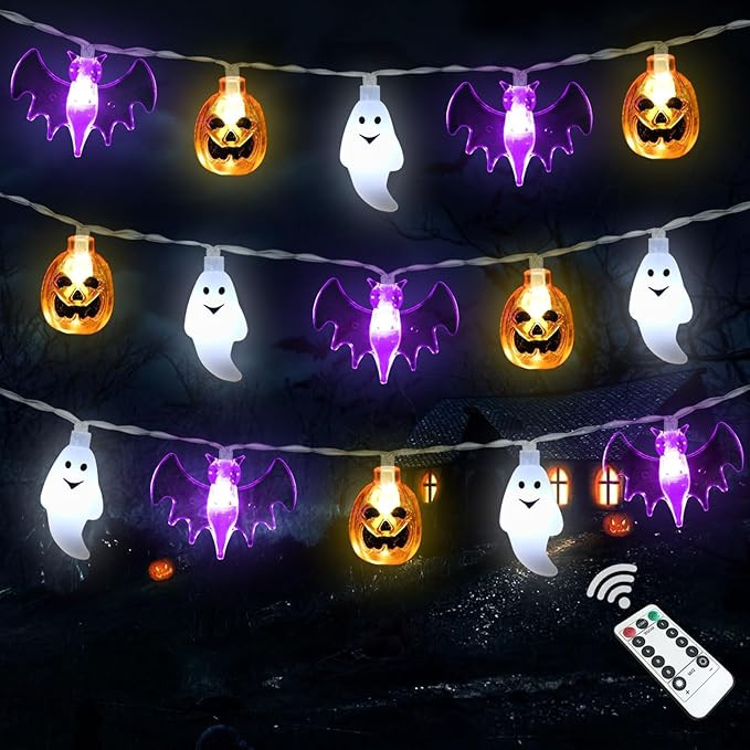 Halloween Lights, 16 FT 30 LED Waterproof 3D Pumpkin Bat Ghost Battery Operated String Lights wit... | Amazon (US)