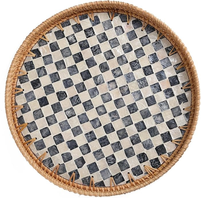 Round Rattan Tray with Mother of Pearl Inlay, Rattan Serving Tray for Coffee, Bread, Fruits, Deco... | Amazon (US)