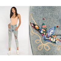 Acid Wash Jeans 80S 90S Beaded Skinny Denim Soutache Applique High Waist Tapered Pants Vintage Slim Leg Small Medium | Etsy (US)
