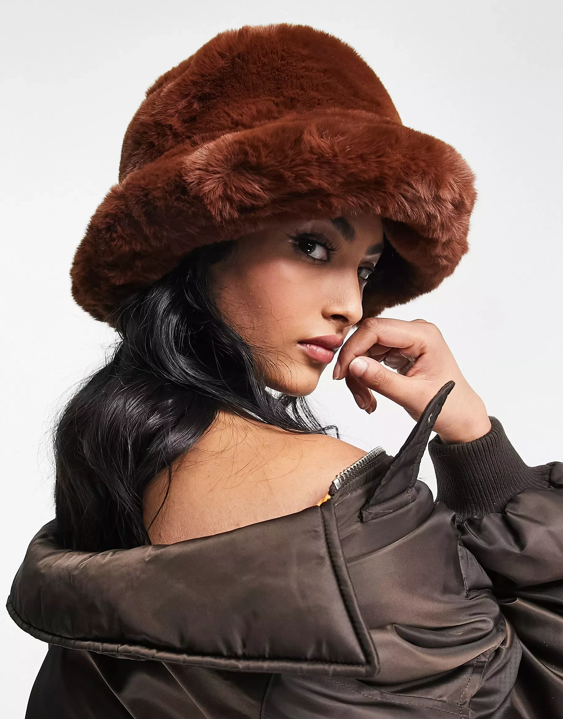 ASOS DESIGN trapper hat with badge in brown faux fur