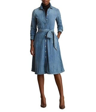 Denim Point Collar Long Sleeve Belted Shirtdress | Dillard's