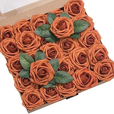 Amazon.com: Ling's moment Artificial Flowers Burnt Orange Roses 25pcs Real Looking Fake Roses w/S... | Amazon (US)