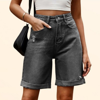 Clearlove Bermuda Denim Shorts 2026 Trendy Cuff Jean Shorts High Rise Straight Leg Ripped Denim Shorts 9" Inseam Shorts, Black Gray - X Large | Target
