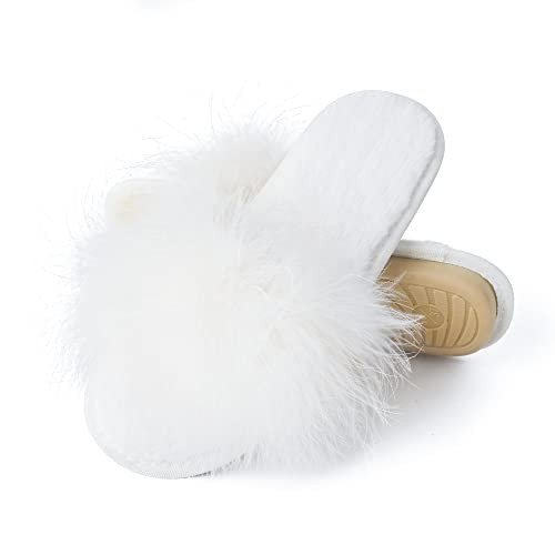 Fur Story Women's Furry Open Toe Fuzzy Soft Bride Fluffy House Slippers (White, 9.5-10) | Amazon (US)
