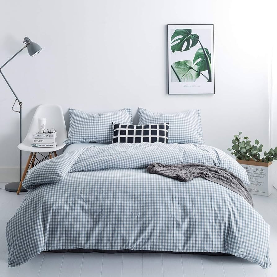 SUSYBAO Light Blue Gingham Duvet Cover Queen 100% Washed Cotton Blue Plaid Duvet Cover Set 3 Piec... | Amazon (US)