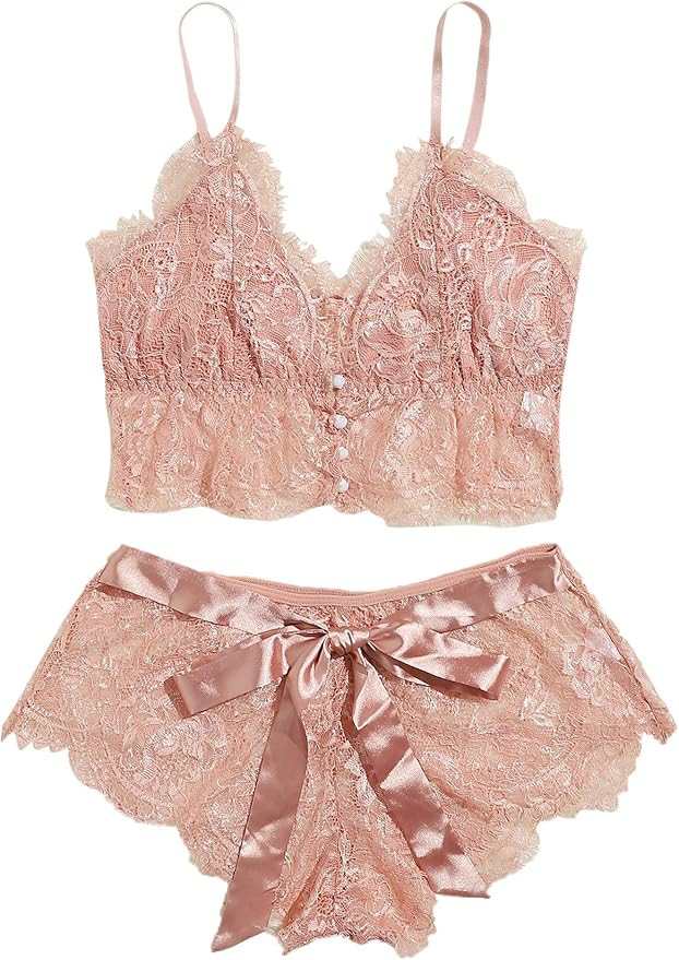 SheIn Women's 2 Piece Lace Cami Top and Shorts Pajama Lingerie Set | Amazon (US)