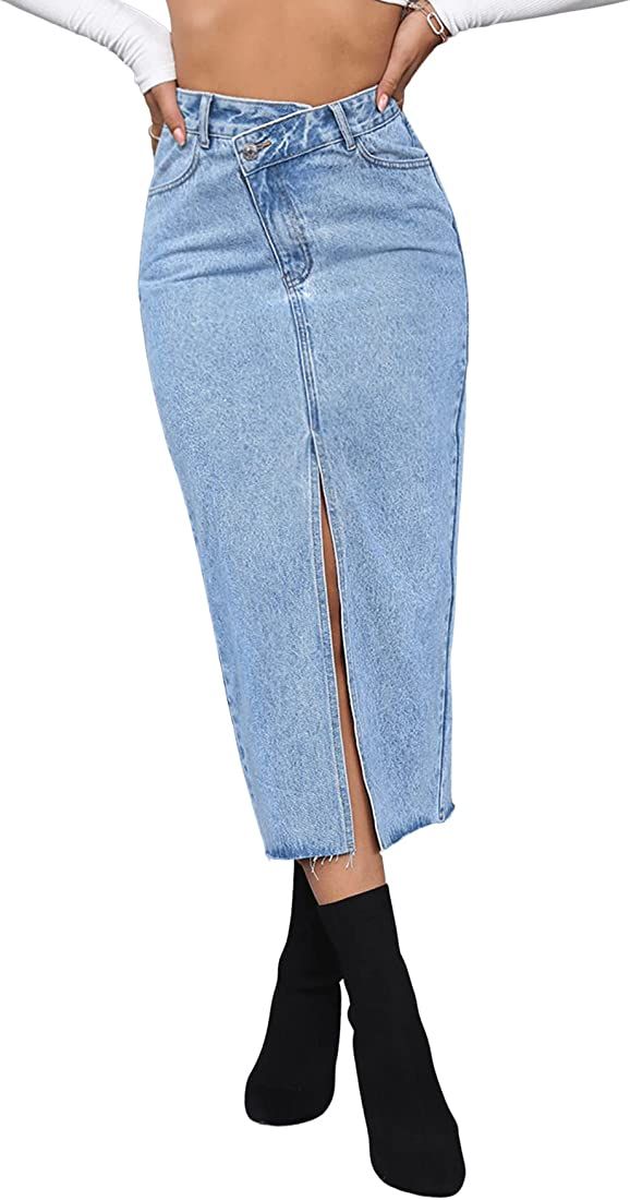 SweatyRocks Women's Casual High Waist Denim Skirt Split Hem Raw Trim Midi Jean Skirts | Amazon (US)