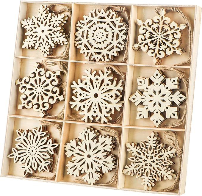Binswloo 36pcs Wooden Snowflakes Ornaments, Wood Hanging Cutout Embellishment for Rustic Christma... | Amazon (US)