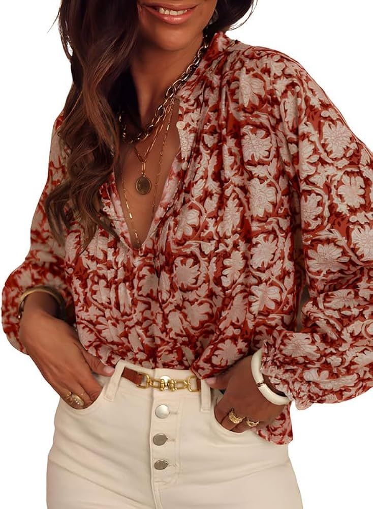 SHEWIN Women's Tops Casual V Neck Long Sleeve Shirts Floral Boho Blouses Tunics | Amazon (US)