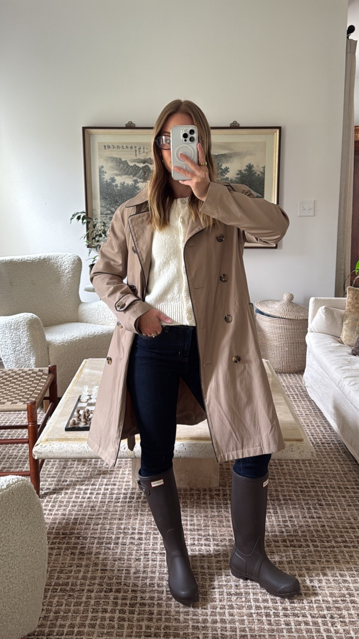 10/14/25 Cozy & casual rainy day uniform ☁️ Styling my brown Hunter boots with dark wash Frame skinny jeans, an Abercrombie cardigan, and a classic trench coat for the perfect fall layers. Finished off with my go-to Amazon oval glasses for that cozy, effortless vibe.

#LTKStyleTip #LTKSeasonal #LTKShoeCrush