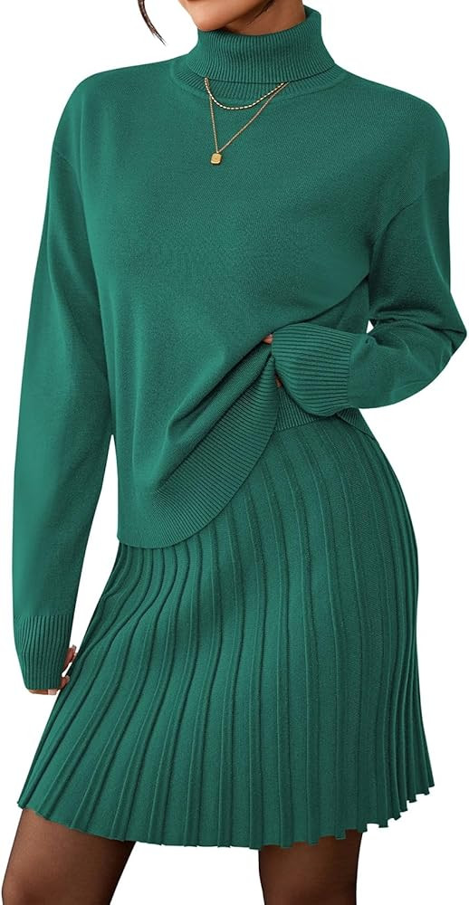 Pink Queen 2025 Women's 2 Piece Sweater Outfits Set Long Sleeve High Neck Top Pleated Mini Skirt ... | Amazon (US)