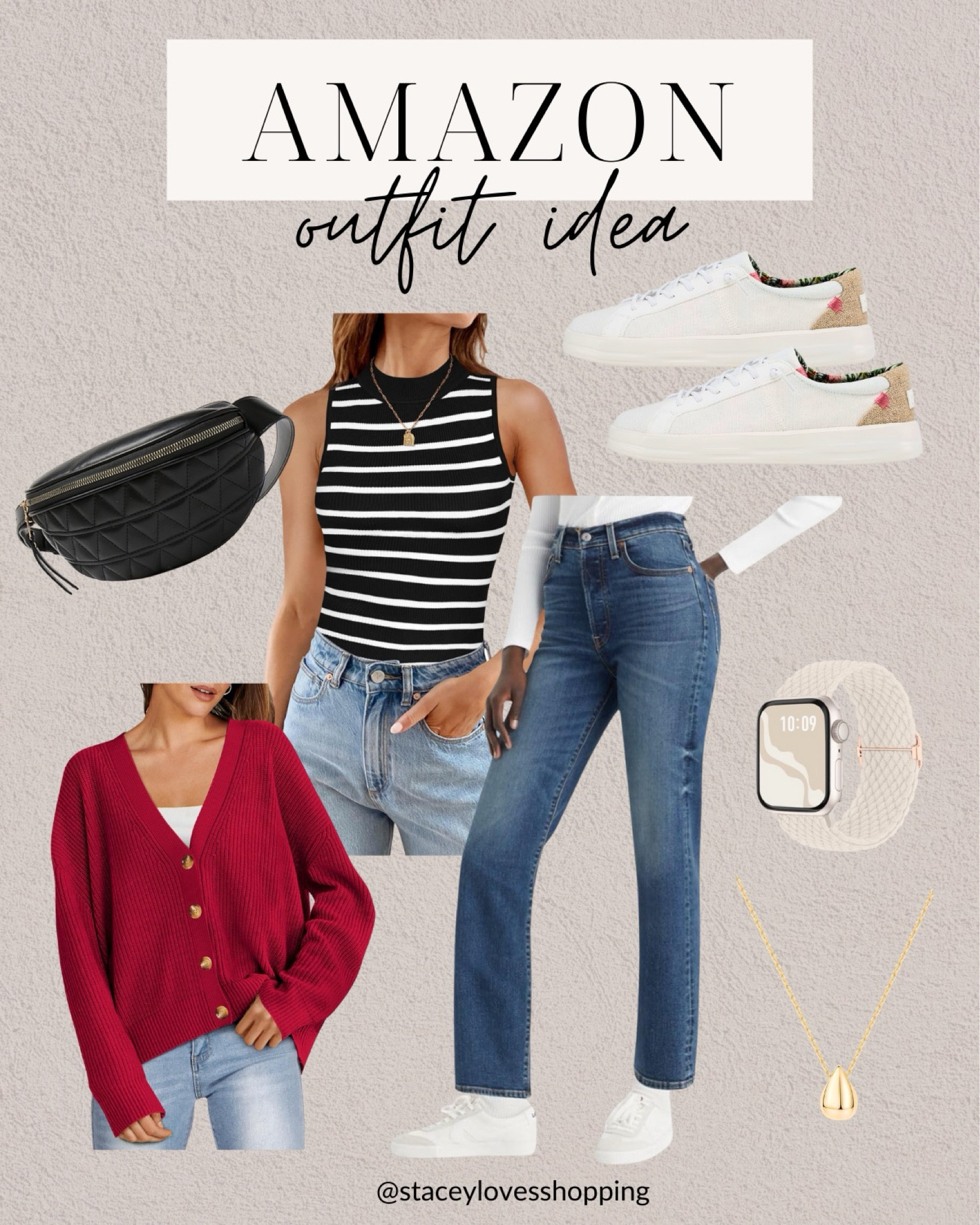 Striped sleeveless sweater tank, straight leg jeans, white sneaker, black belt bag, red cardigan, gold necklace and Apple Watch band.

Amazon outfit idea - fall outfit idea



#LTKStyleTip #LTKOver40 #LTKFindsUnder50