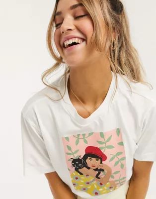 Monki Tovi girl with cat printed t-shirt in off-white | ASOS US