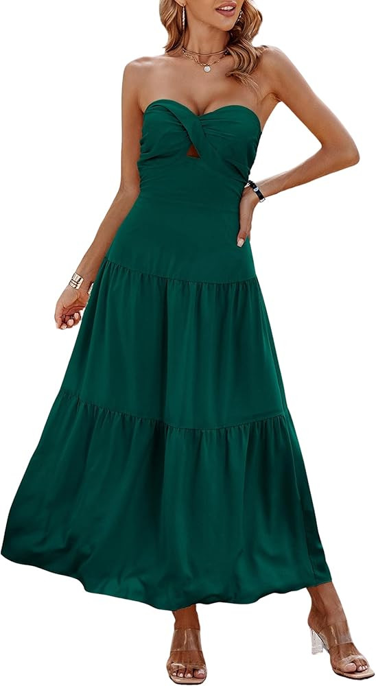 ECOWISH Women's Summer Strapless Maxi Dress 2026 Off Shoulder Hollow Out Smocked A Line Tube Tier... | Amazon (US)