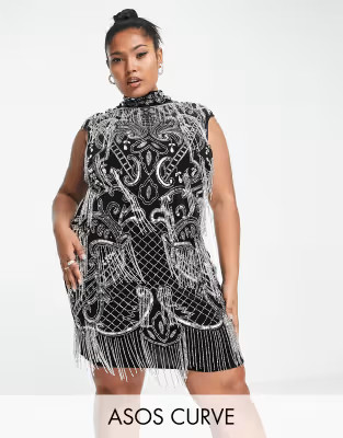 ASOS DESIGN Curve velvet high neck all over embellished mini dress in black with silver sequin | ASOS (Global)