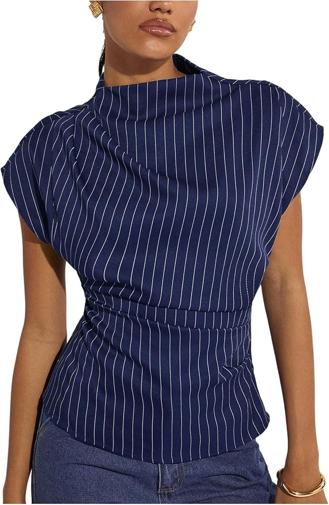 Floerns Women's Elegant Striped Dolman Sleeve Blouse Tops Mock Neck Business Casual Outfit | Amazon (US)