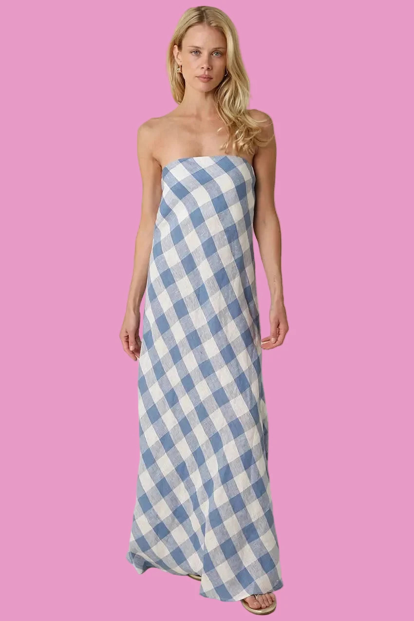 Erin Strapless Gingham Linen Maxi Dress | Teggy French