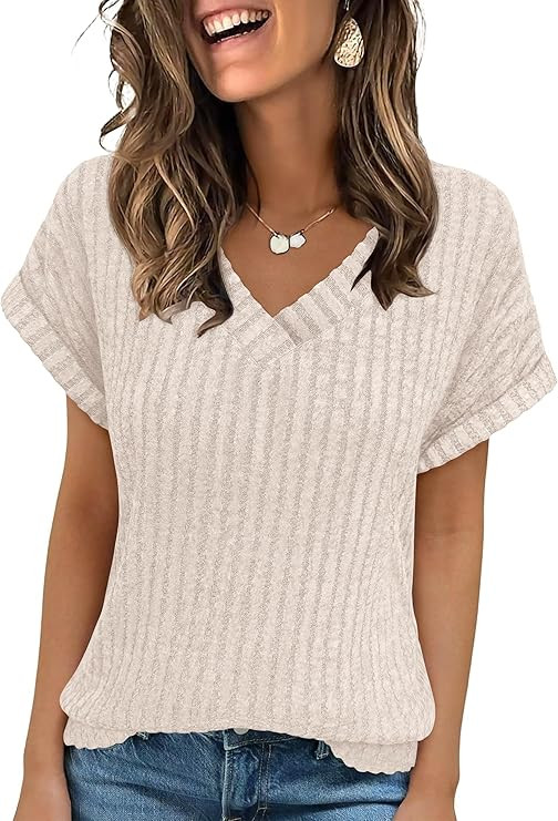 ANRABESS Women Tops Summer Sweaters Short Sleeve V Neck Shirts 2025 Spring Fashion Dressy Casual ... | Amazon (US)