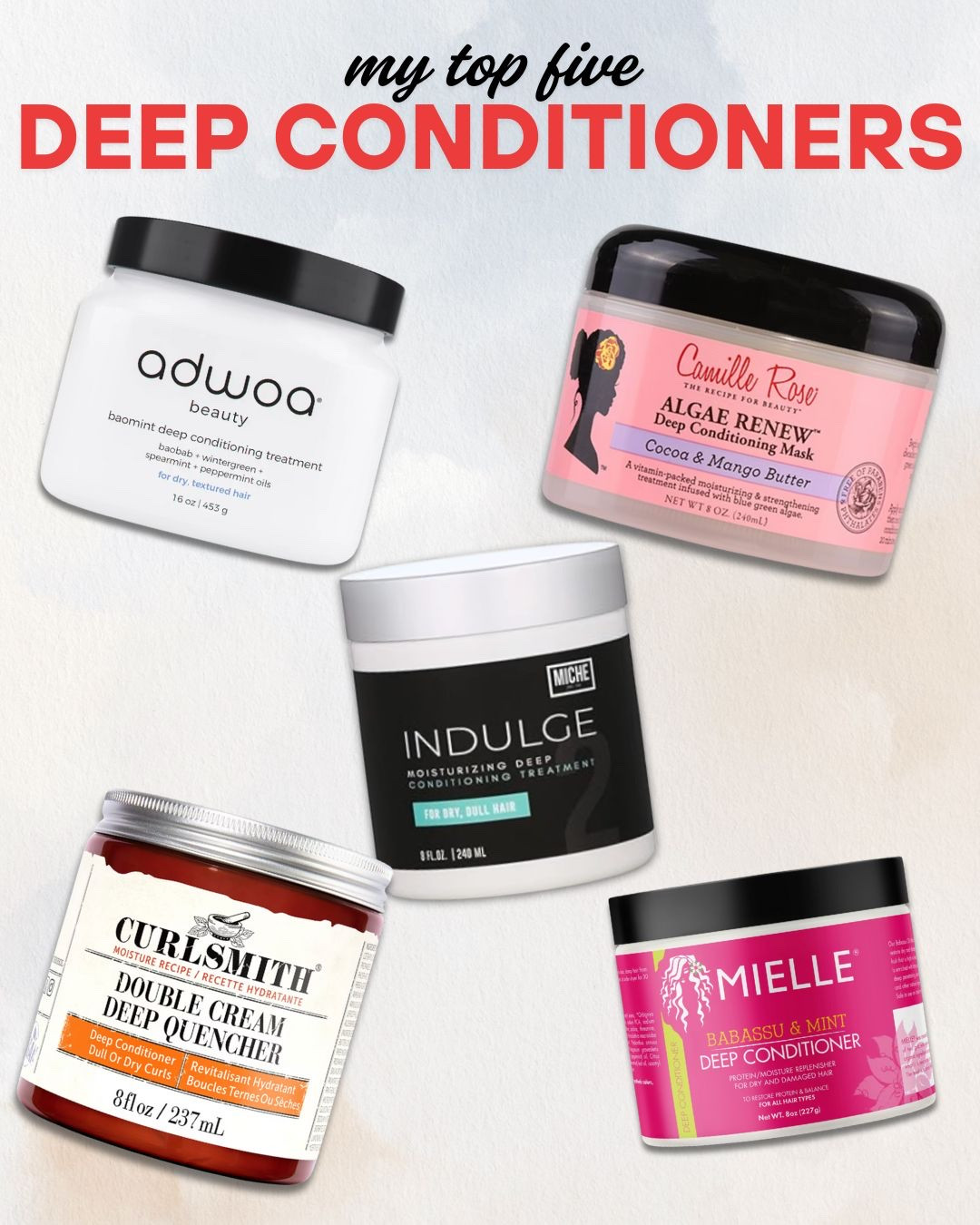 If you’ve got type 4 hair with high density, low porosity, and medium-width strands, these are my top 5 deep conditioners that keep my curls hydrated, strong, and easy to detangle.

Camille Rose Algae Renew Deep Conditioning Mask – Infused with blue-green algae, mango butter, and biotin, this vitamin-rich treatment strengthens and moisturizes hair, promoting healthy growth and reducing shedding.  ￼

Miche Beauty Indulge Moisturizing Deep Conditioner – A protein-free formula enriched with raw honey, olive oil, and babassu oil. It provides intense moisture, excellent slip for detangling, and leaves hair soft and manageable.  ￼

Mielle Organics Babassu Oil & Mint Deep Conditioner – This protein-moisture balancing deep conditioner is formulated with babassu oil and amino acids to strengthen and hydrate hair. The mint provides a refreshing scalp sensation, making it ideal for restoring elasticity and reducing breakage.

Curlsmith Double Cream Deep Quencher – A rich, buttery deep conditioner designed for ultra-dry and dull hair. It contains andiroba and resurrection flower extracts to provide intense moisture, improve elasticity, and leave curls soft and bouncy.

Adwoa Beauty Baomint Deep Conditioning Treatment – Formulated with baobab and spearmint oils, this deep conditioner delivers intense hydration and a cooling sensation to the scalp. It helps to strengthen hair, reduce breakage, and enhance shine, making it perfect for dry, brittle strands.

#Top5DeepConditioners #Type4HairCare #LowPorosityHair #DeepConditioning #NaturalHairProducts #BlackHairCare #HealthyHairJourney #MoisturizedCurls #LTKHair #LTKBeauty