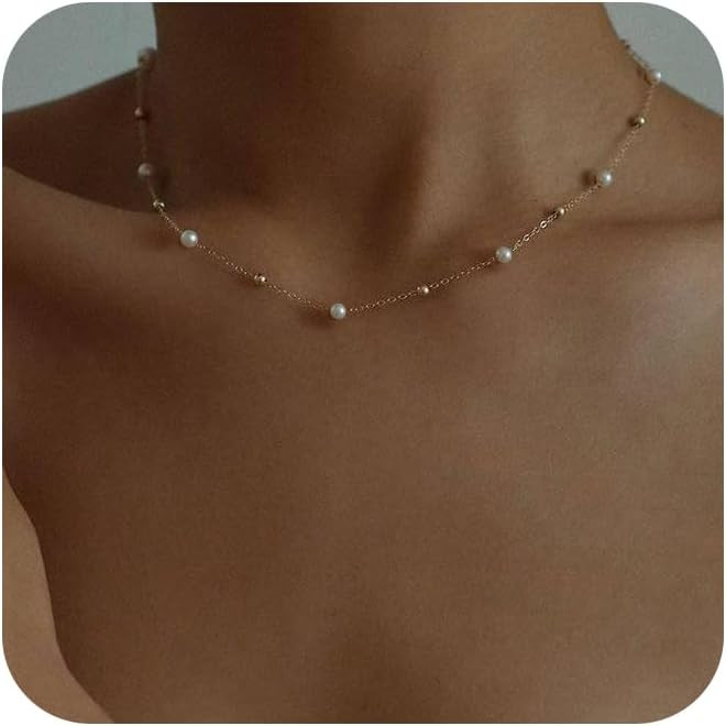 Gold Pearl Necklaces for Women, Dainty Small Simple 18K Gold Plated Choker Bead Necklaces for Wom... | Amazon (US)