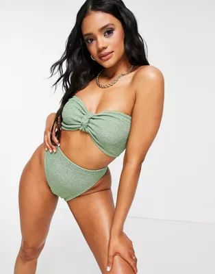 ASOS DESIGN mix and match knot bandeau crinkle bikini top in khaki | ASOS (Global)