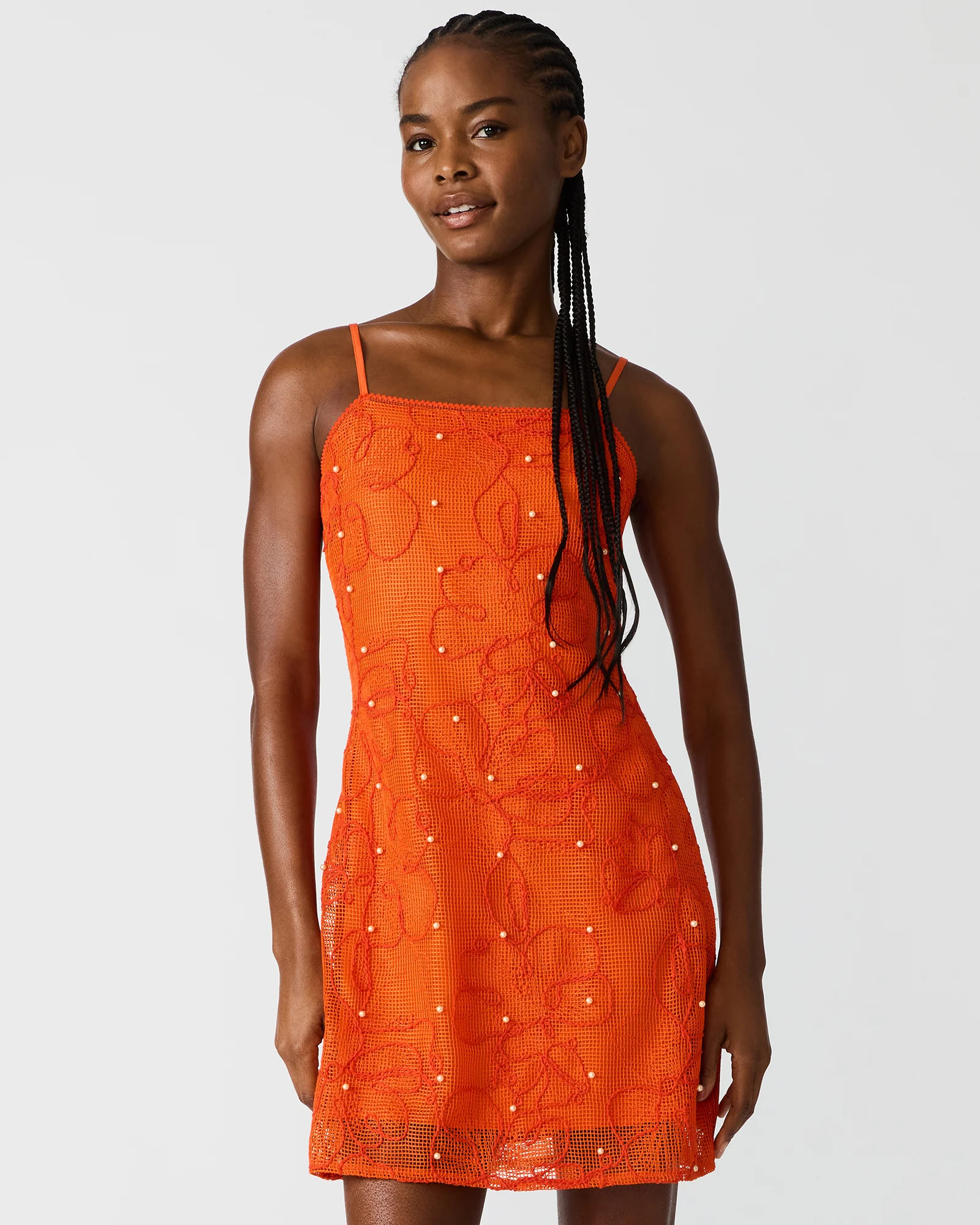 MAUREENE Salsa Red Mesh Pearls Stitching Women's Mini Dress | Steve Madden (US)