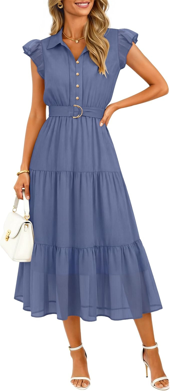 ZESICA Women's Summer Floral Midi Dress 2026 Casual Flutter Short Sleeve Chiffon Button Down Wedd... | Amazon (US)