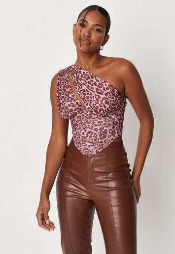Missguided - Brown Animal Print Mesh One Shoulder Corset Top | Missguided (UK & IE)