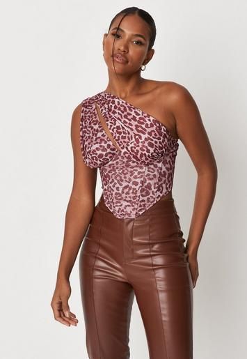 Missguided - Brown Animal Print Mesh One Shoulder Corset Top | Missguided (US & CA)