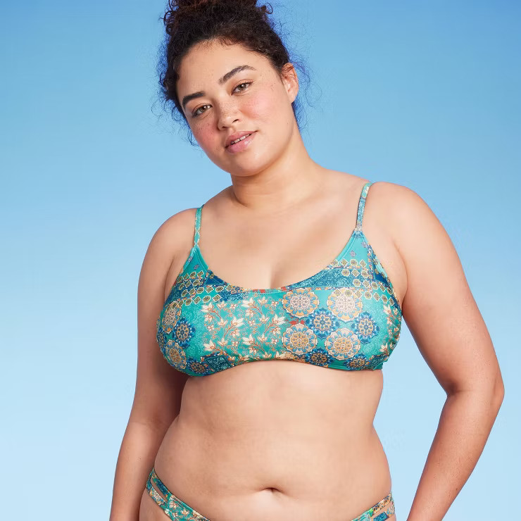 Women's Scoop Front Bralette Bikini Top - Wild Fable™ Blue Patchwork Print | Target