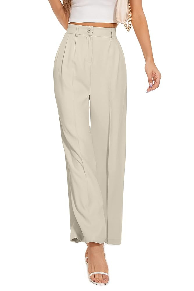 FUNYYZO Wide Leg Pants Women's High Elastic Waisted in The Back Business Work Trousers Long Strai... | Amazon (US)