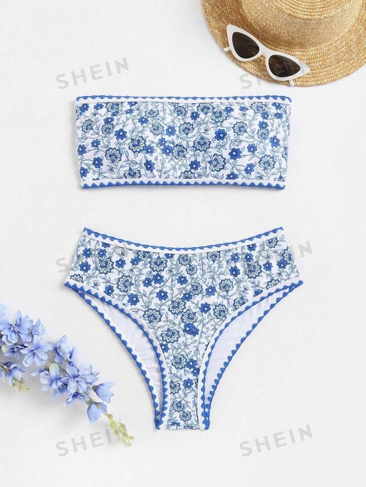 SHEIN Swim BohoFeel Floral Print Bandeau Bikini Swimsuit | SHEIN
