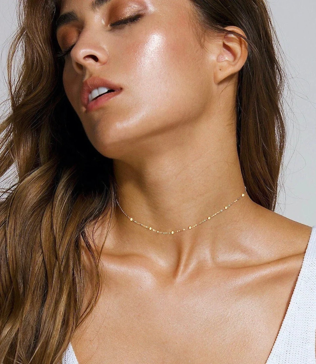Satellite Choker Necklace, Gold Choker Necklace, Simple Beaded Choker, Dainty Choker Necklace, La... | Etsy (US)