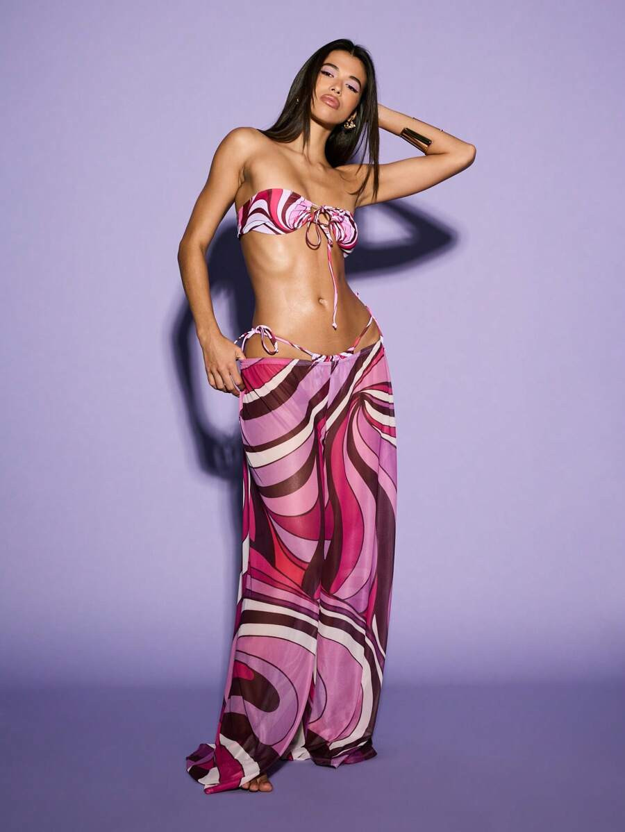 KIZN Sheer Mesh Printed Wide Leg Trousers,Bohemian Clothes | SHEIN