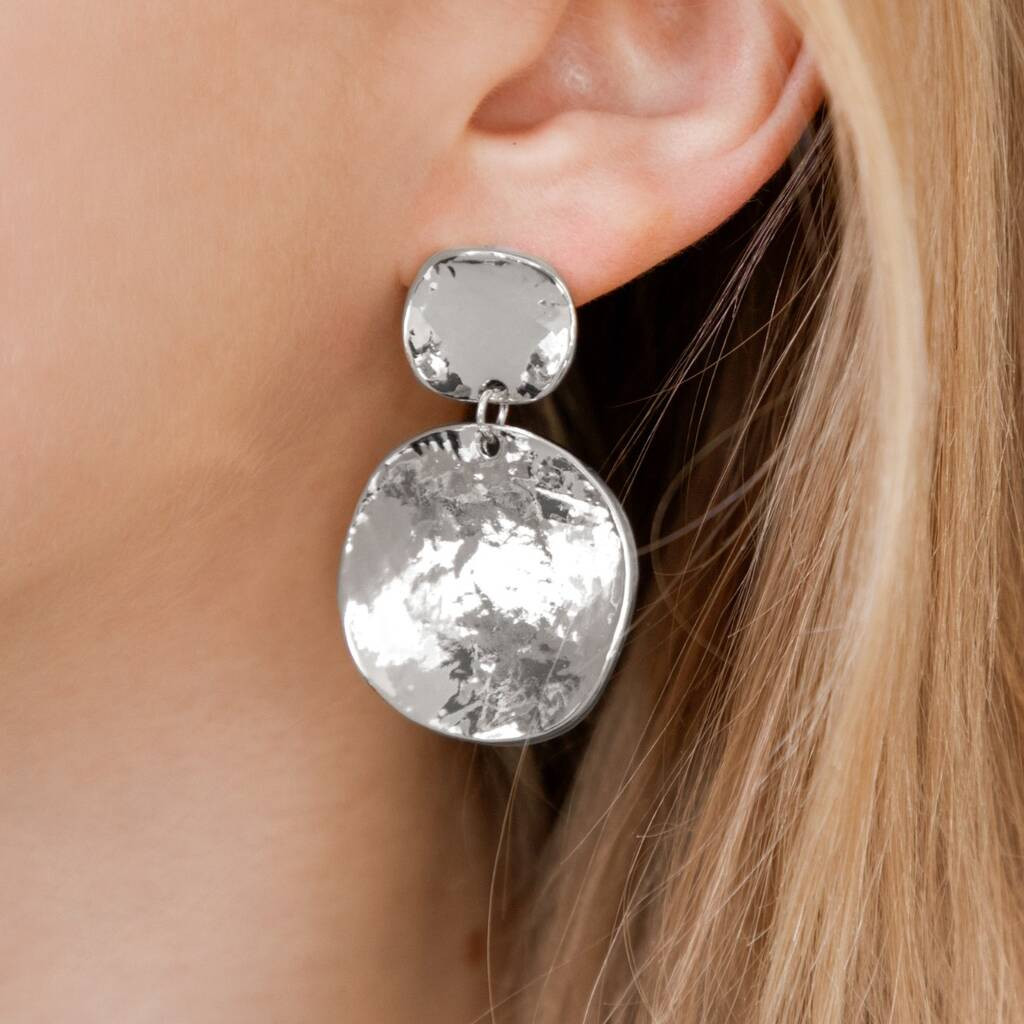Hammered Double Disc Drop Earrings In Silver Colour | Not On The High Street