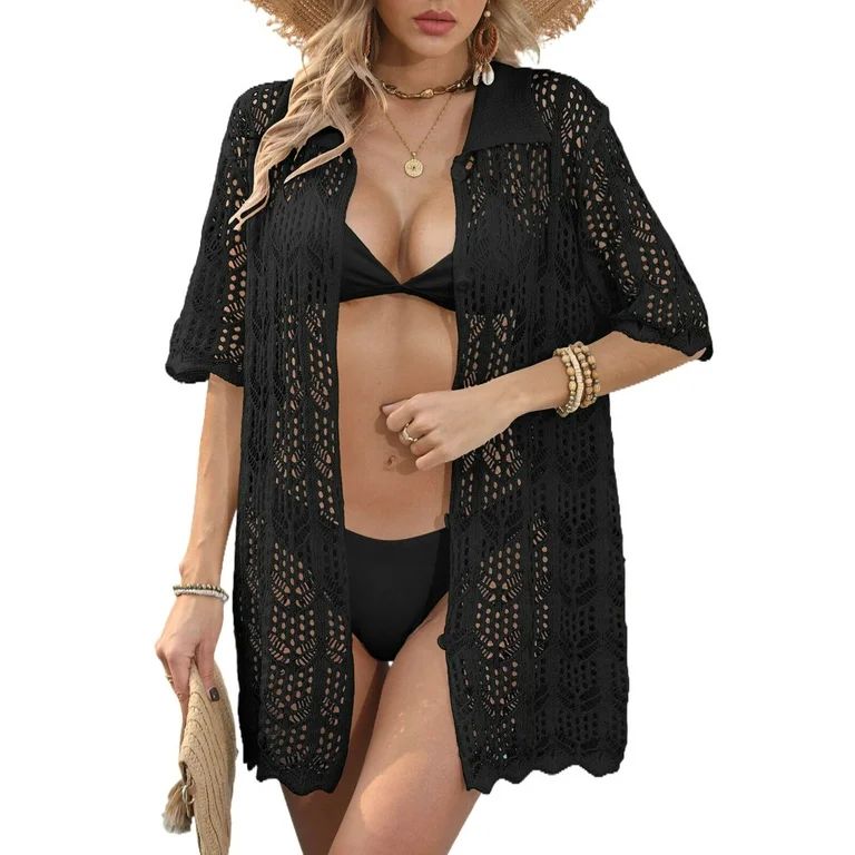 Beach Cover up for Women 2024 New Button Up Shirts Swimsuit Cover up Crochet Hollow Out Bathing S... | Walmart (US)